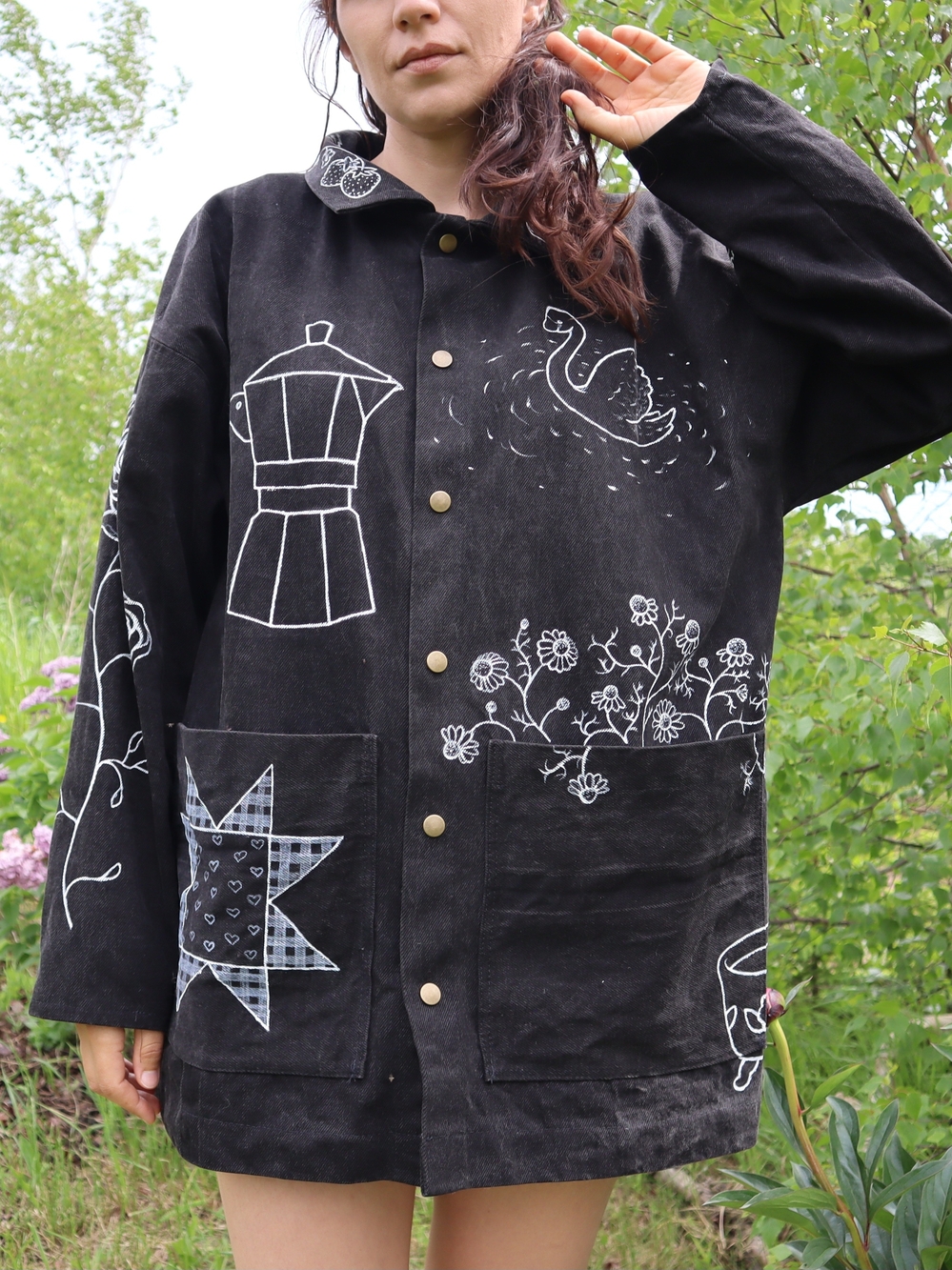Upcycled Black Denim Jacket with White Folk Art Drawings L • XL - Picture 11 of 16